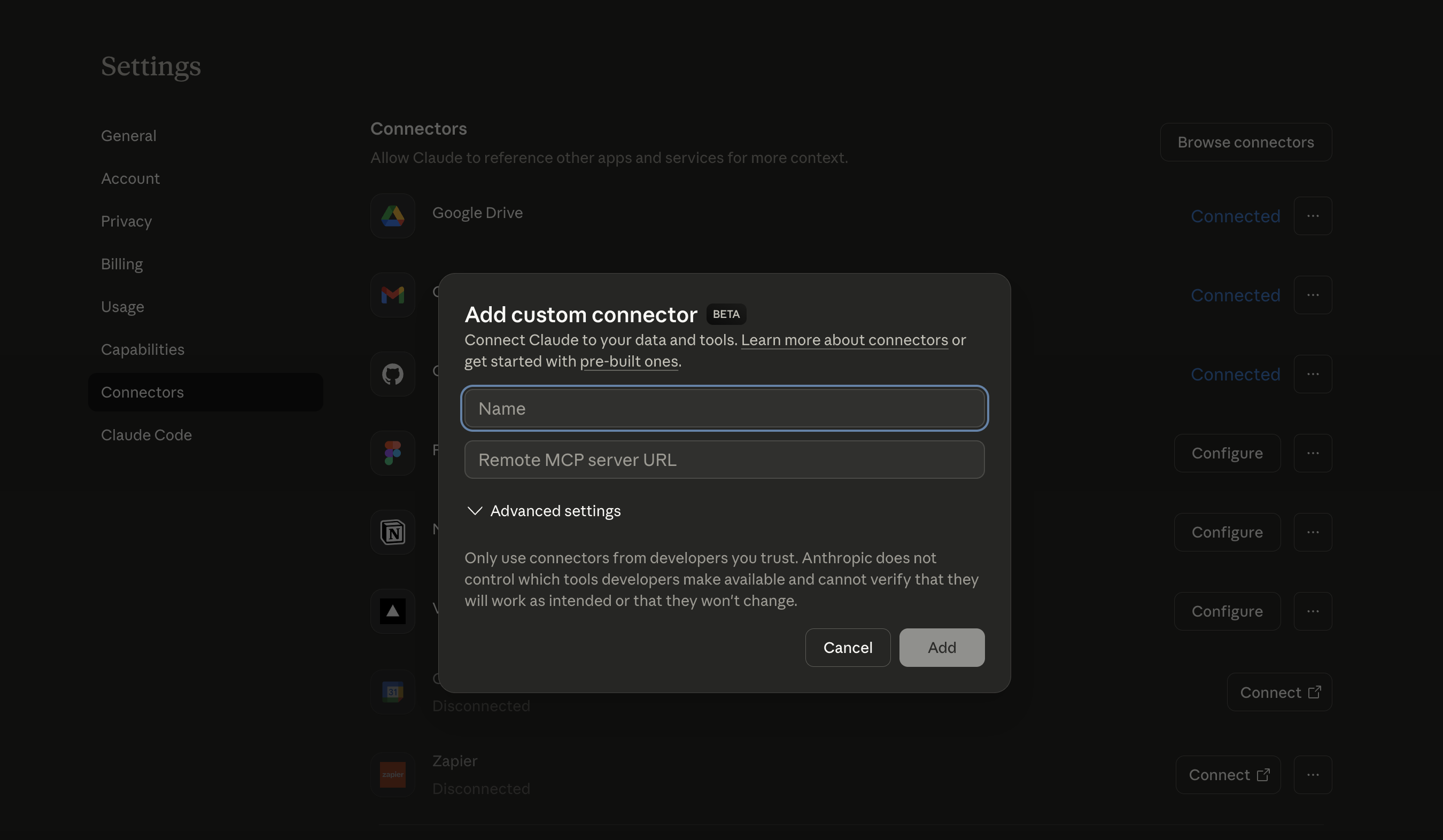 Claude connectors settings